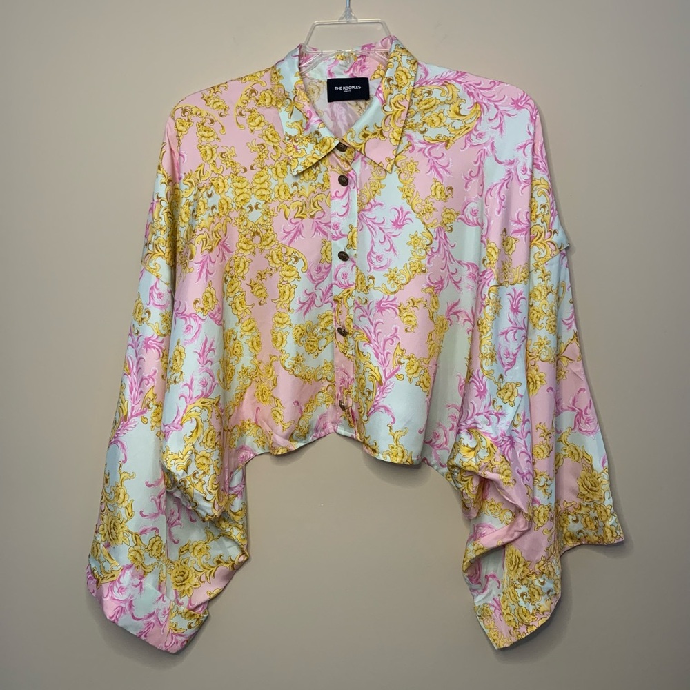 The Kooples Baroque Pink and Yellow floral kimono style cropped silk blouse